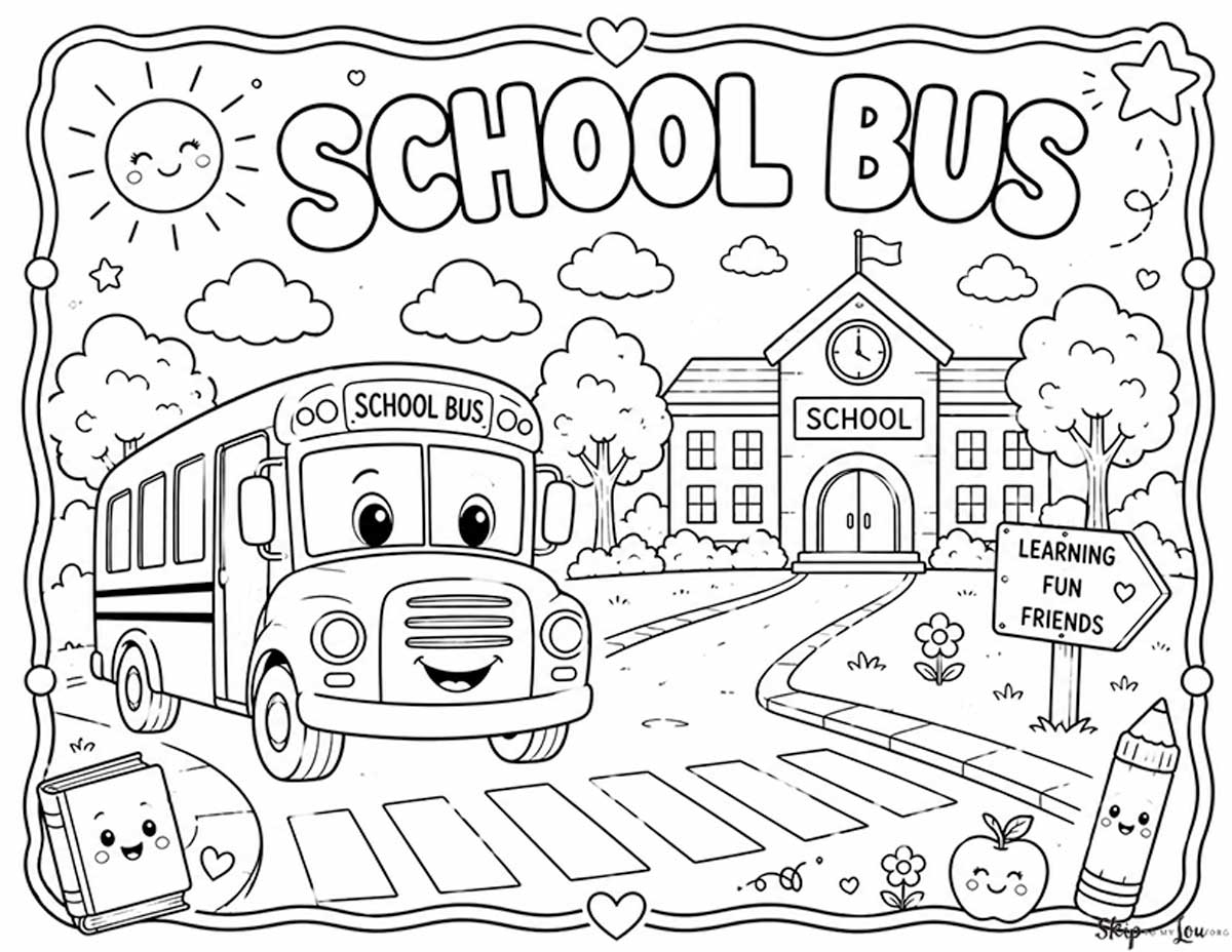 School bus coloring page with a smiling bus driving to school, trees, clouds, crosswalk, and back to school details.