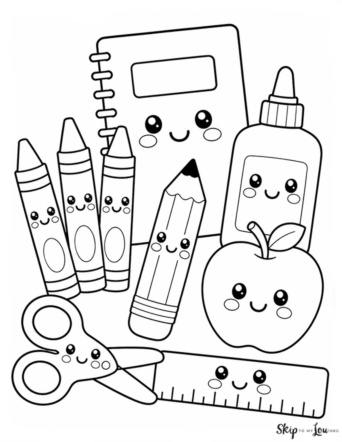 Cute school supplies coloring page with crayons, glue, notebook, scissors, ruler, apple, and pencil.