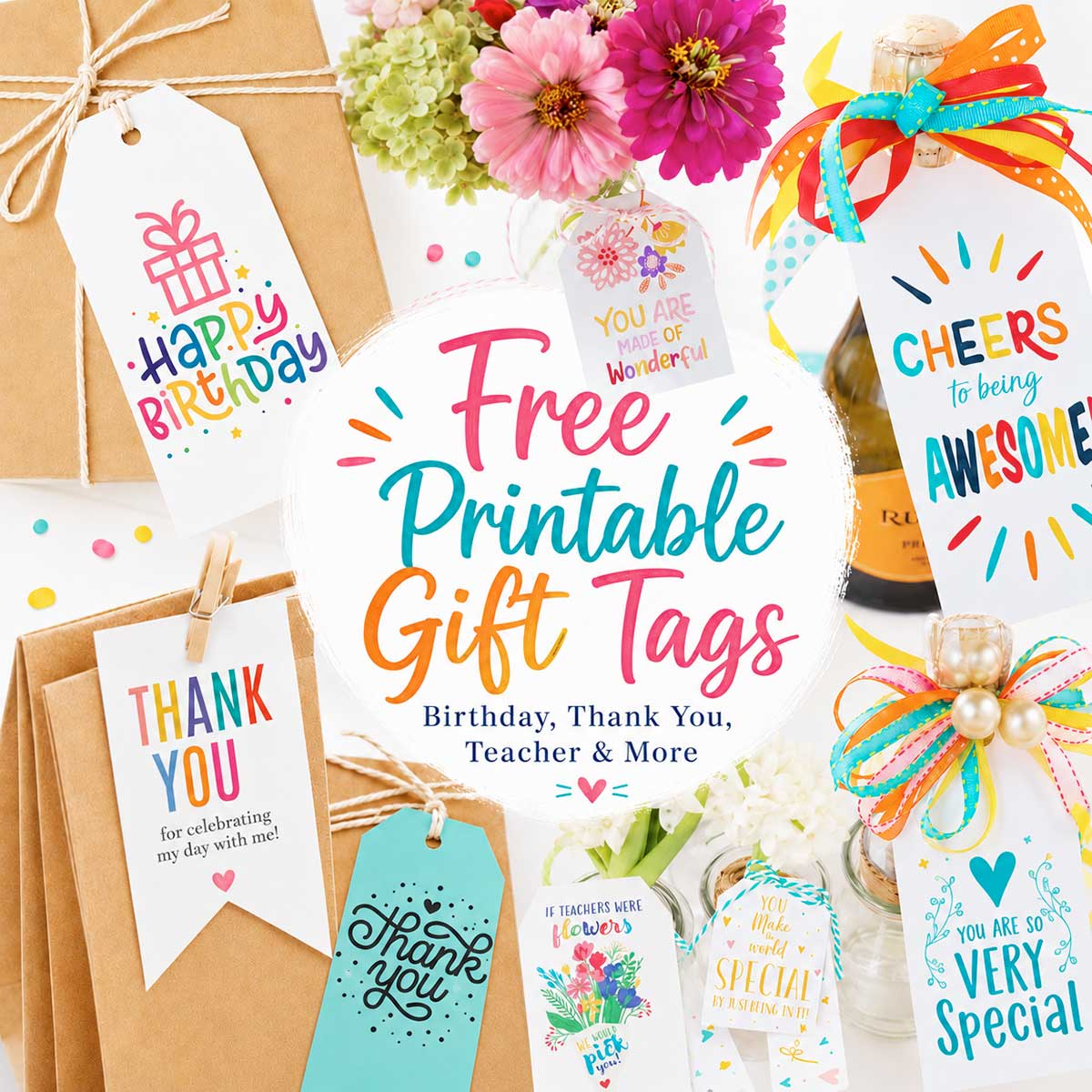 collage of gift tags for every occasion with type that says free printable gift tags
