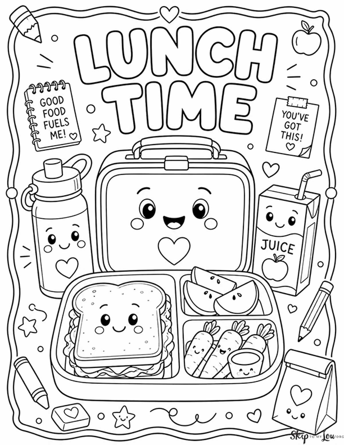 Lunch Time coloring page with lunchbox, sandwich, fruit, carrots, juice box, water bottle, and school lunch doodles.
