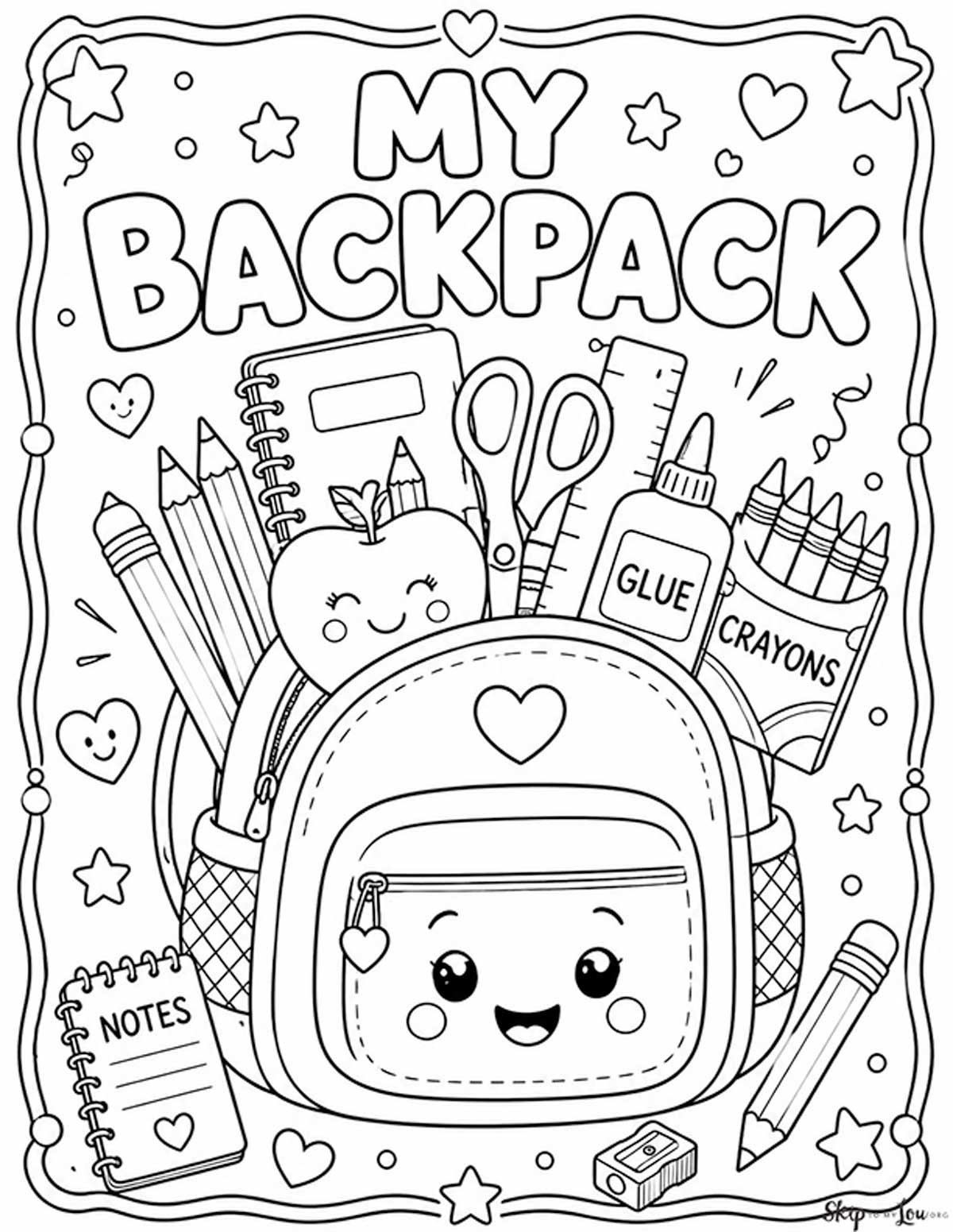 My backpack coloring page filled with pencils, crayons, glue, scissors, ruler, notebook, and apple.