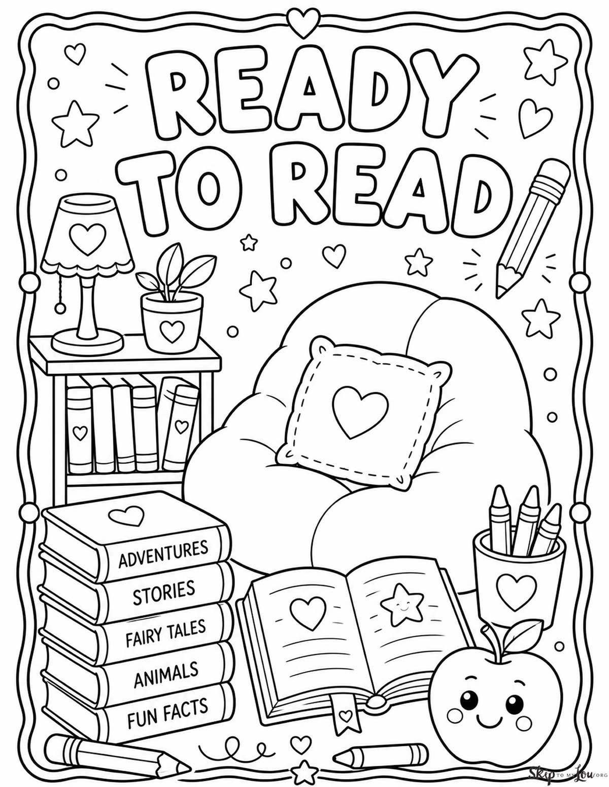 Ready to Read coloring page with books, reading chair, open book, lamp, pencil cup, apple, and cozy school details.