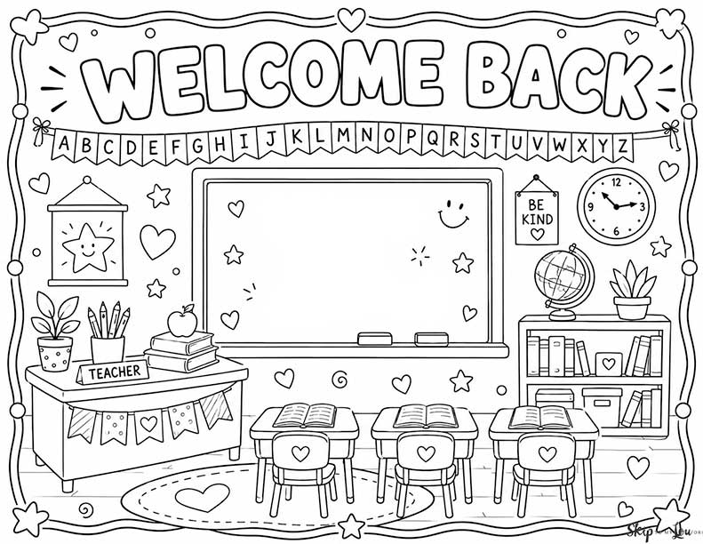 Welcome Back classroom coloring page with chalkboard, student desks, alphabet banner, teacher desk, globe, and books.