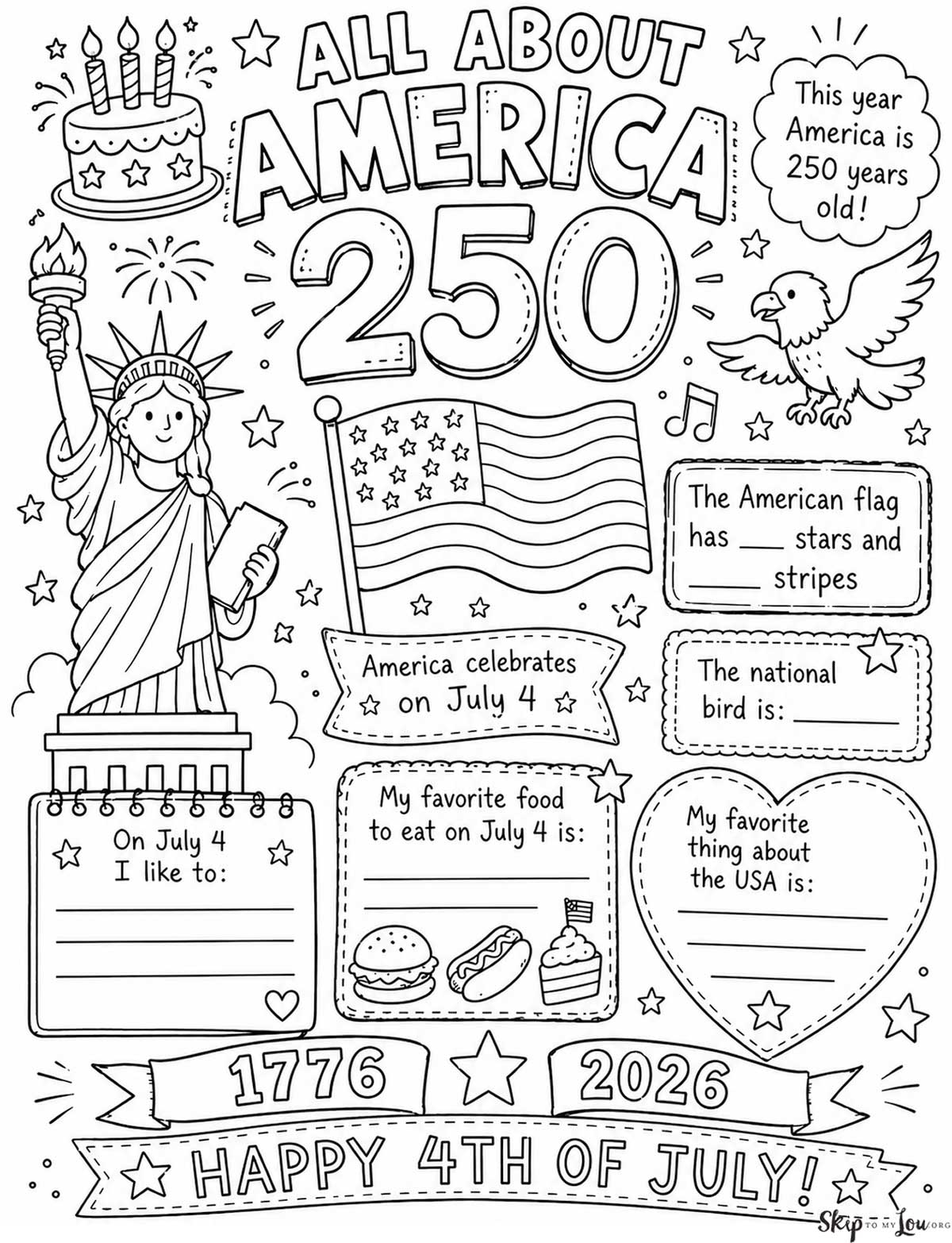 All About America 250 activity coloring sheet for kids with the Statue of Liberty, American flag, bald eagle, and Fourth of July writing prompts