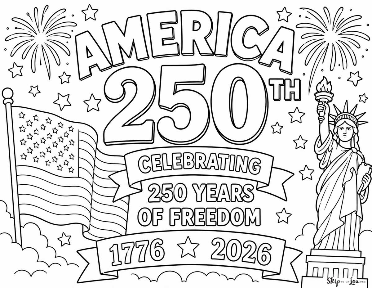 Celebrate America’s 250th birthday with this patriotic coloring page featuring the flag, fireworks, Statue of Liberty, and 1776 to 2026.