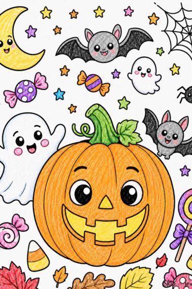 colored Halloween coloring page with pumpkin, bats, ghosts, moorn spiderweb, spider and candy