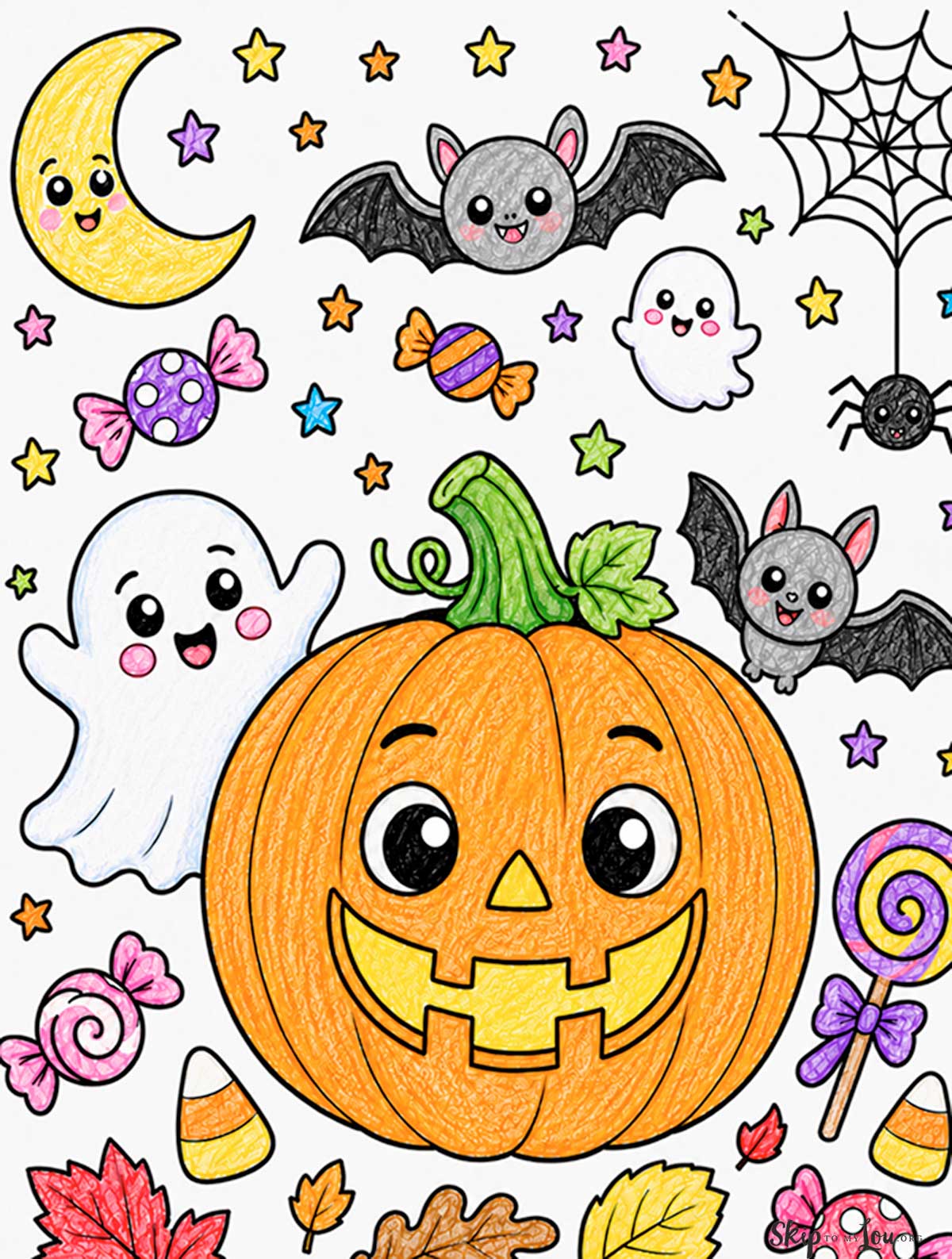 colored Halloween coloring page with pumpkin, bats, ghosts, moon spiderweb, spider and candy