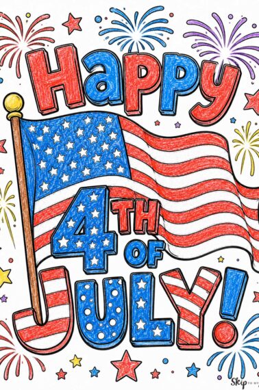 Colored Happy 4th of July coloring page with a waving American flag, fireworks, stars, and patriotic red white and blue crayon coloring
