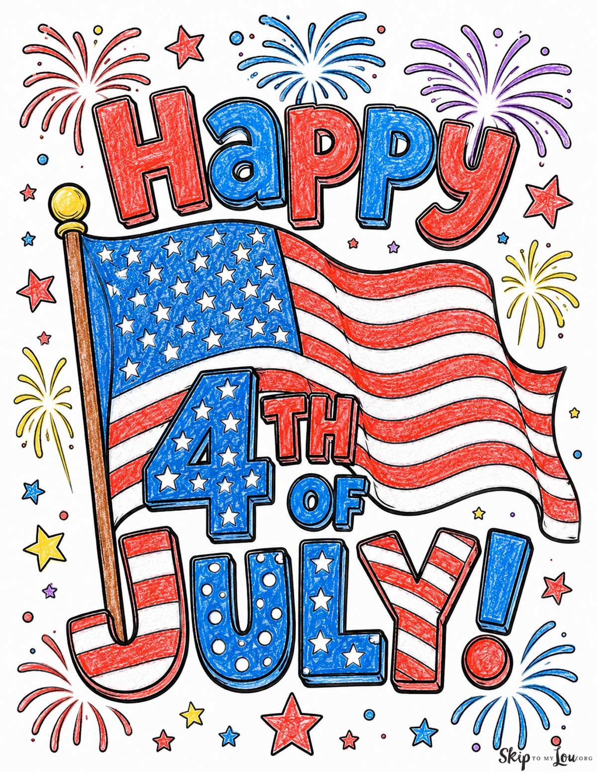 Colored Happy 4th of July coloring page with a waving American flag, fireworks, stars, and patriotic red white and blue crayon coloring
