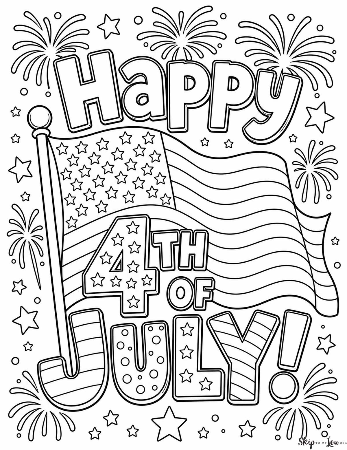 Happy 4th of July coloring page with large lettering, a waving American flag, fireworks, and stars for kids to color