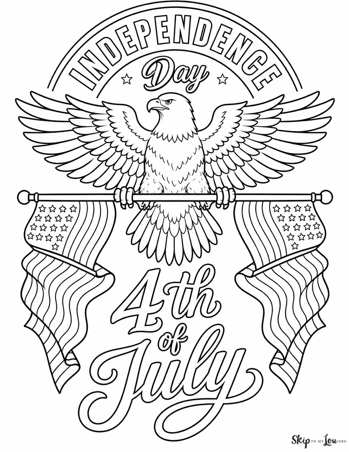 Independence Day coloring page with bald eagle, American flags, and 4th of July lettering for kids to color