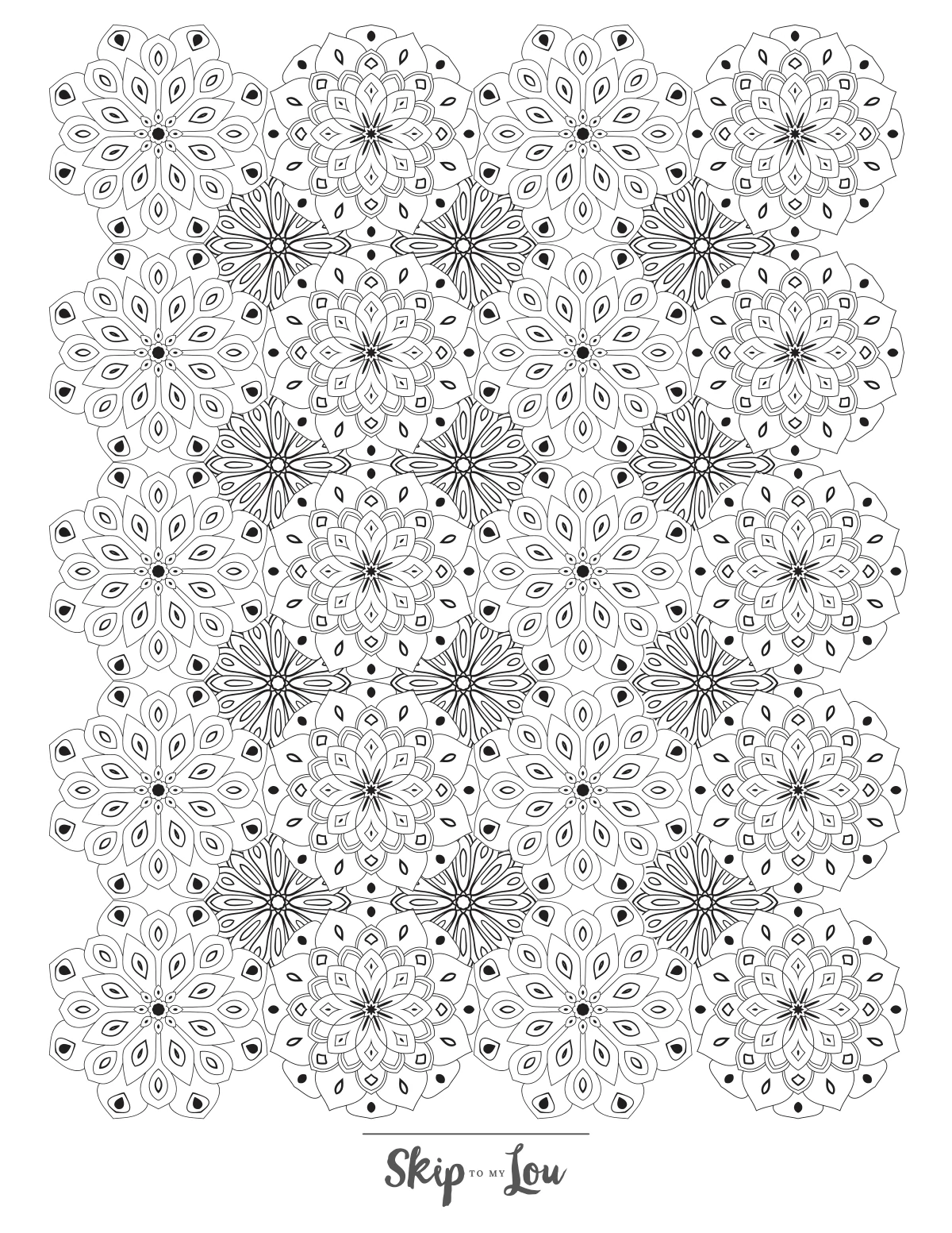 Intricate mandala pattern coloring page for adults with repeating circular designs.