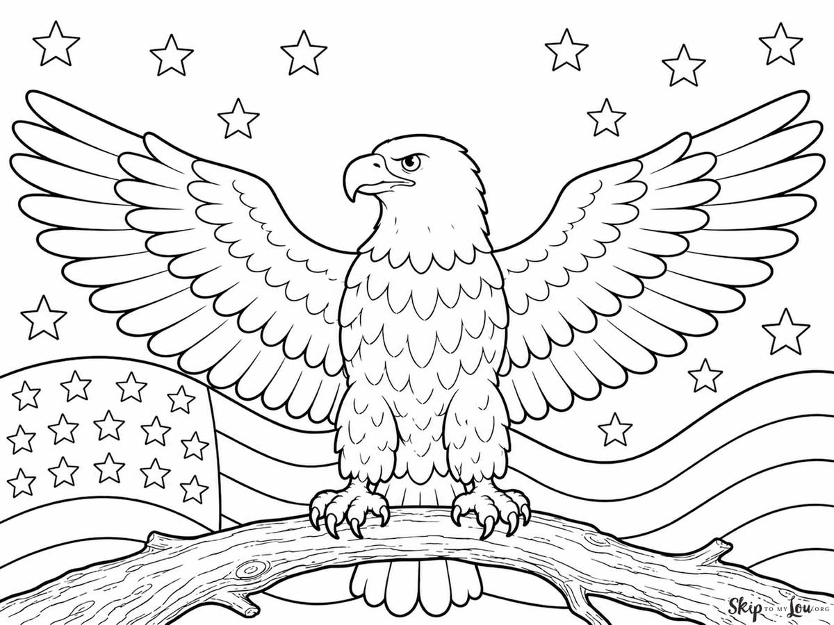 Bald eagle coloring page with eagle perched on a branch in front of American flag stripes and stars