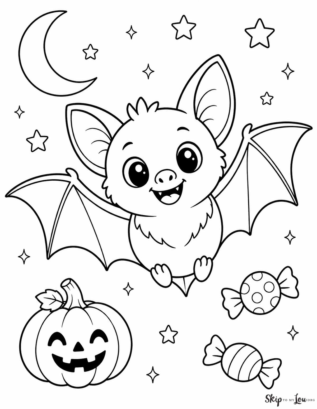 Cute bat coloring page with a smiling bat, moon, stars, pumpkin, and Halloween candy
