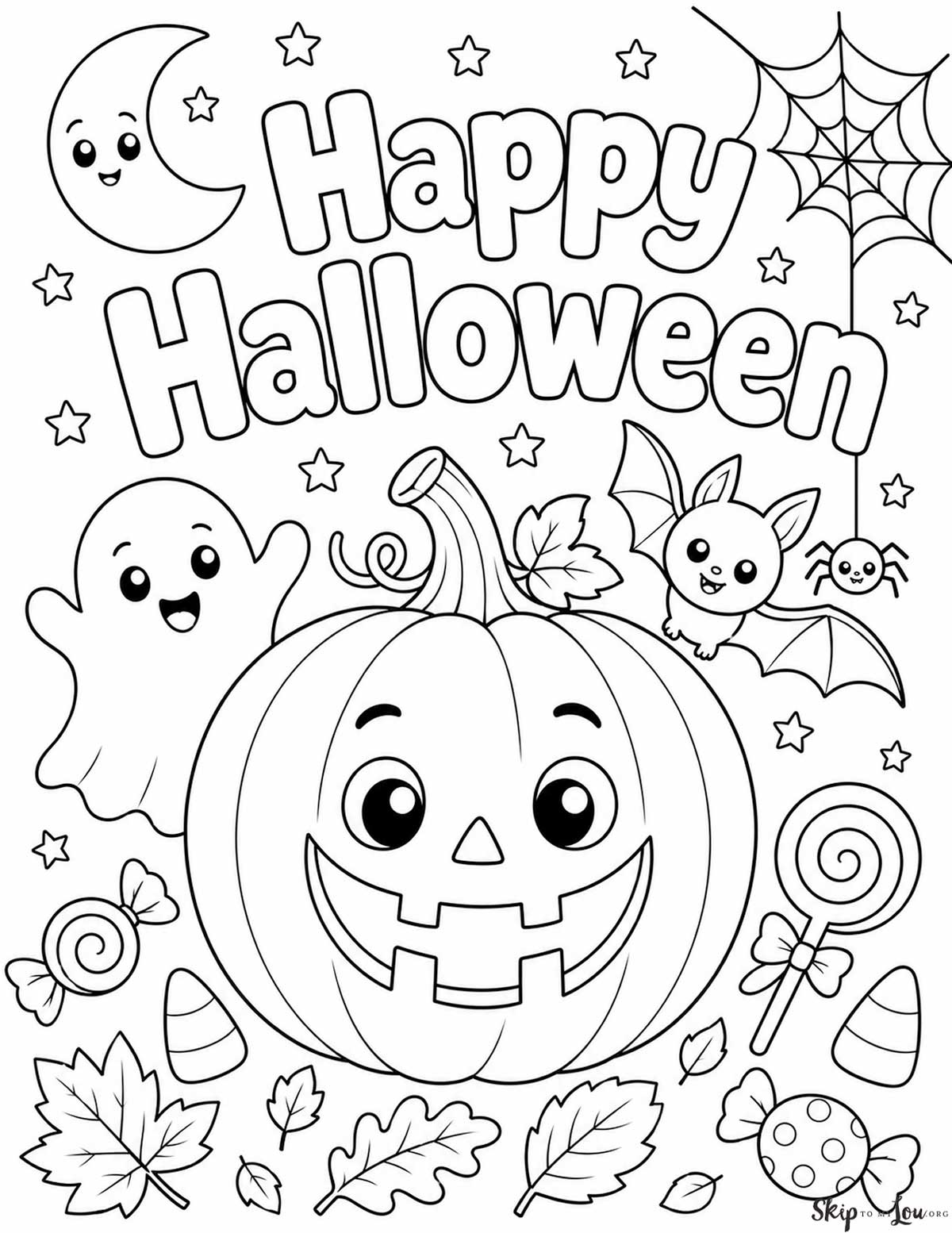 Happy Halloween coloring page with a cute pumpkin, ghost, bat, spider, candy, and leaves for kids to color
