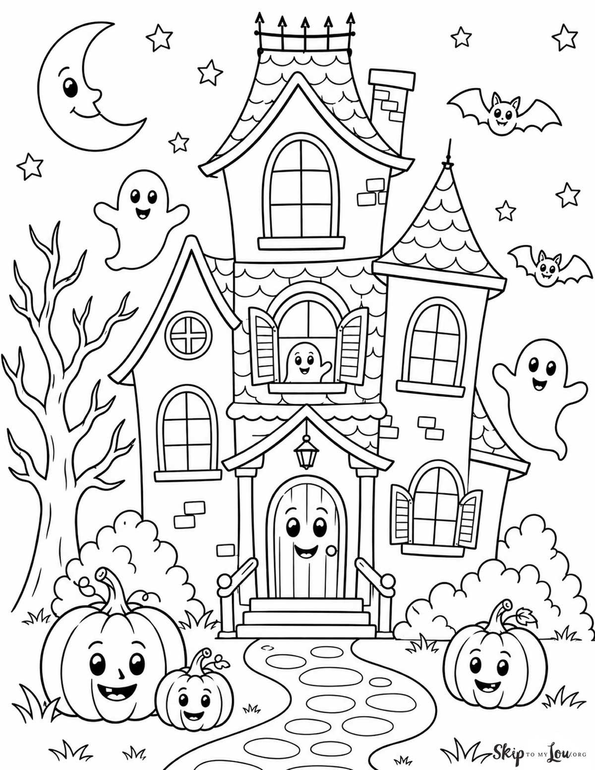 Cute haunted house coloring page with a friendly haunted house, smiling ghosts, bats, pumpkins, and a spooky tree