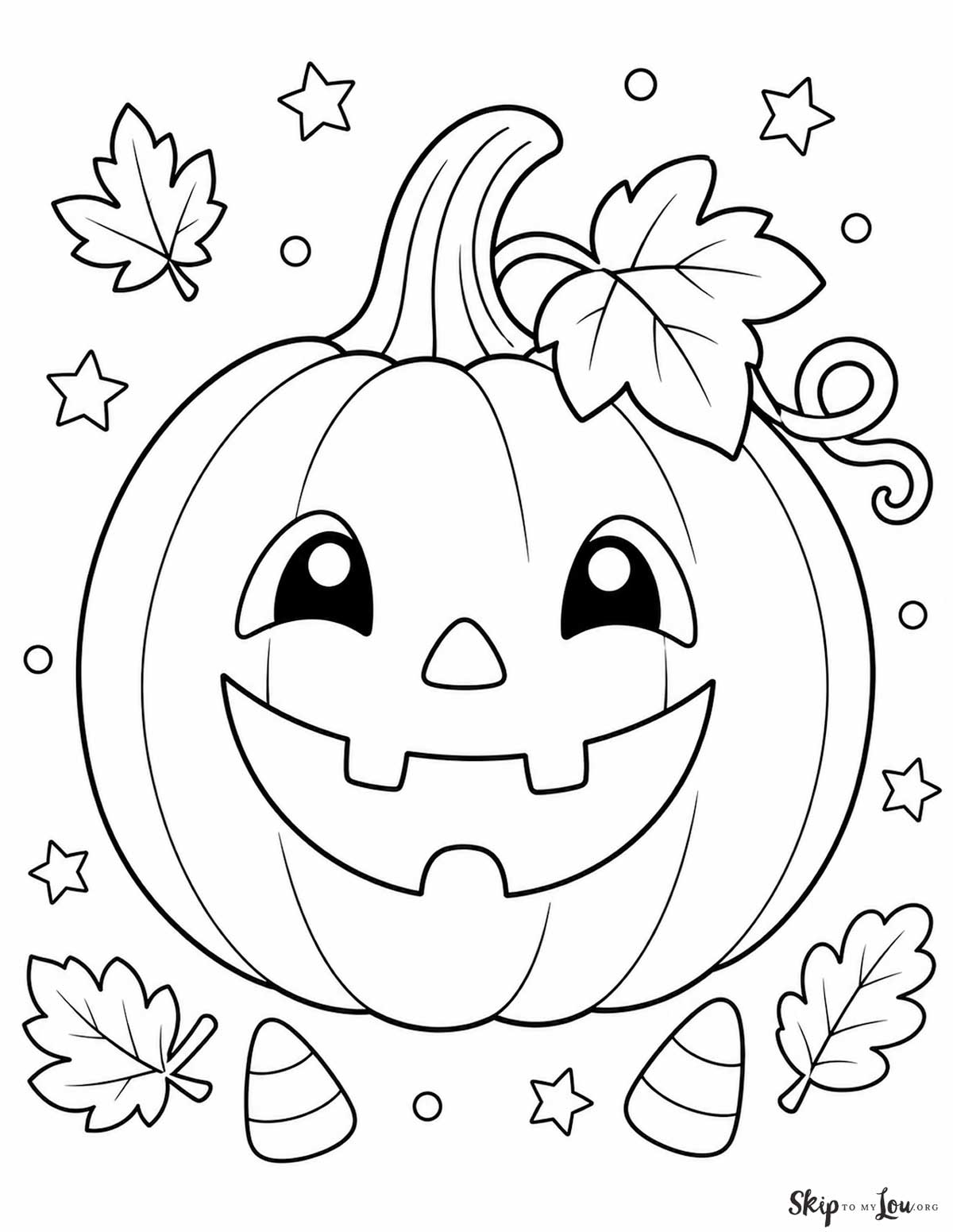 Cute pumpkin coloring page with a smiling jack-o-lantern, stars, leaves, and candy corn