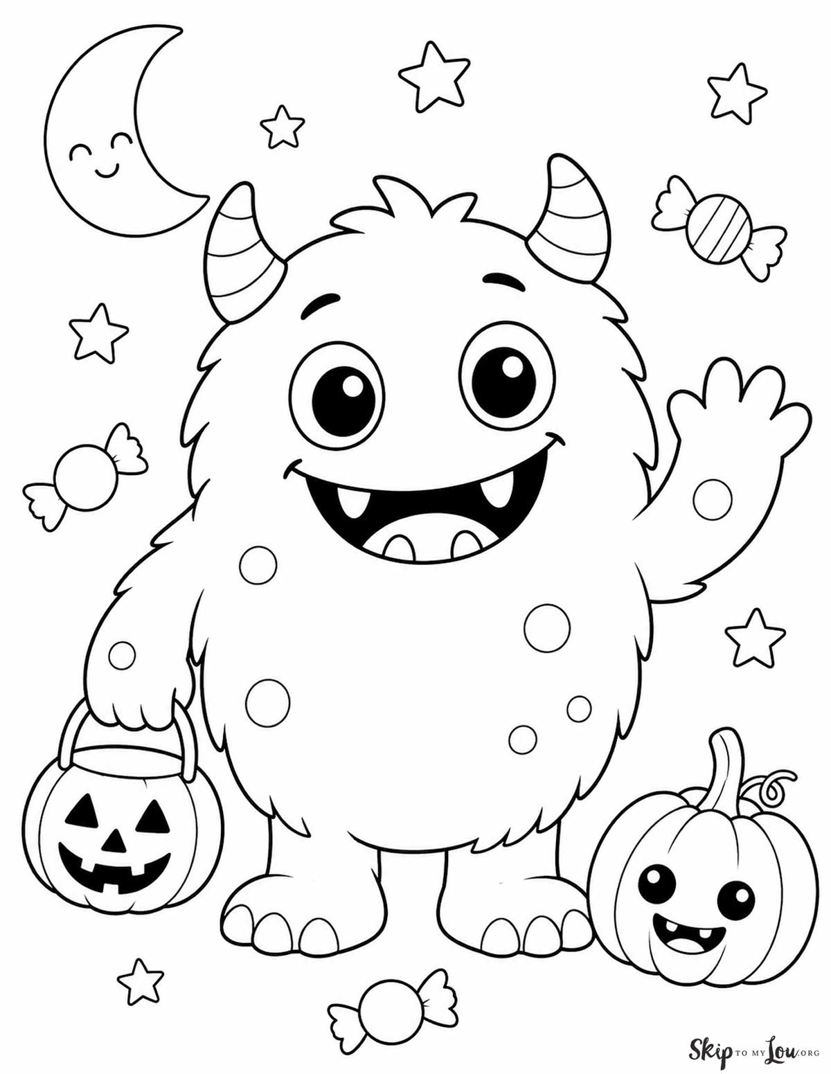 Cute monster coloring page with a smiling furry monster, pumpkins, candy, moon, and stars