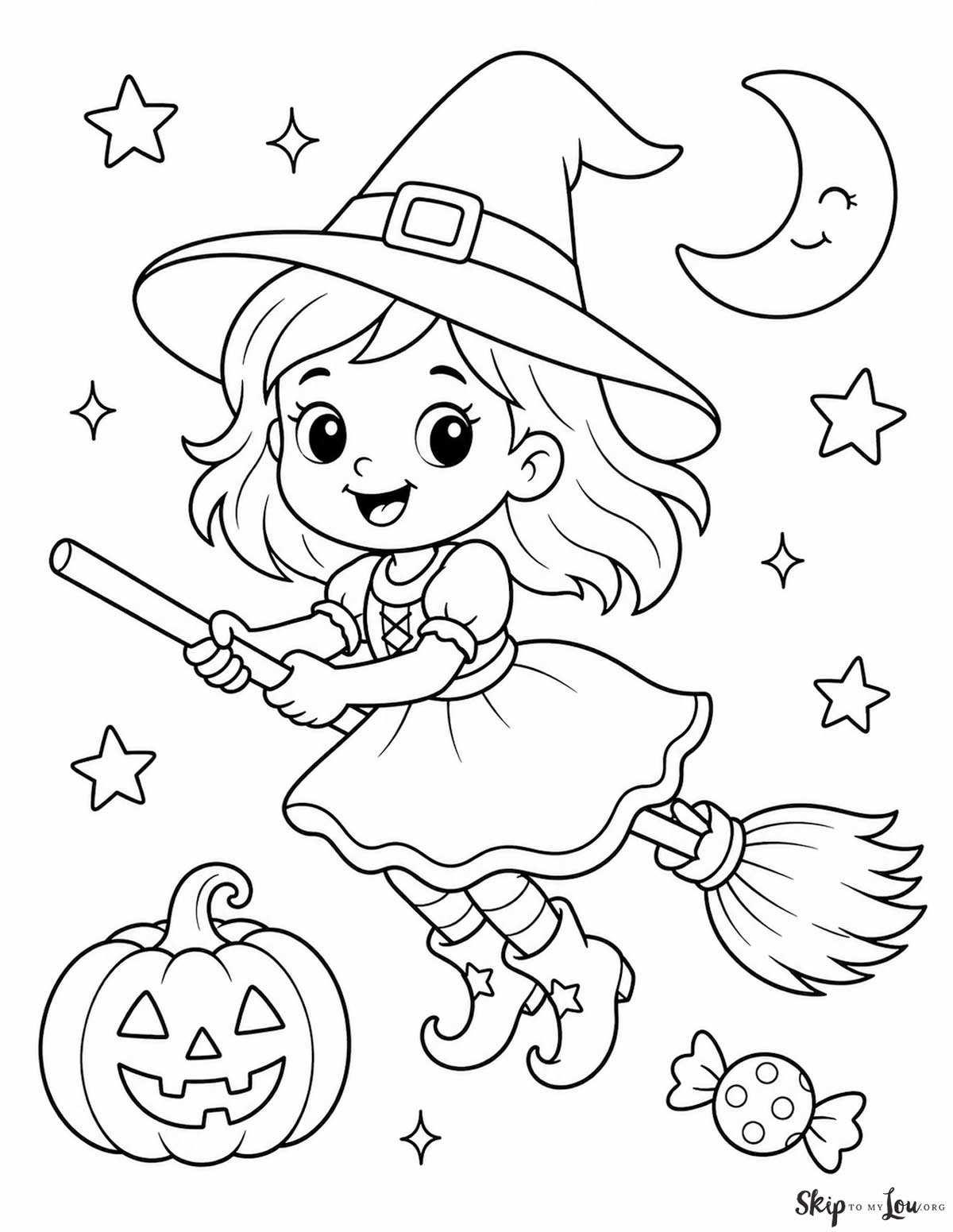 Cute witch coloring page with a friendly witch flying on a broom, pumpkin, moon, stars, and candy