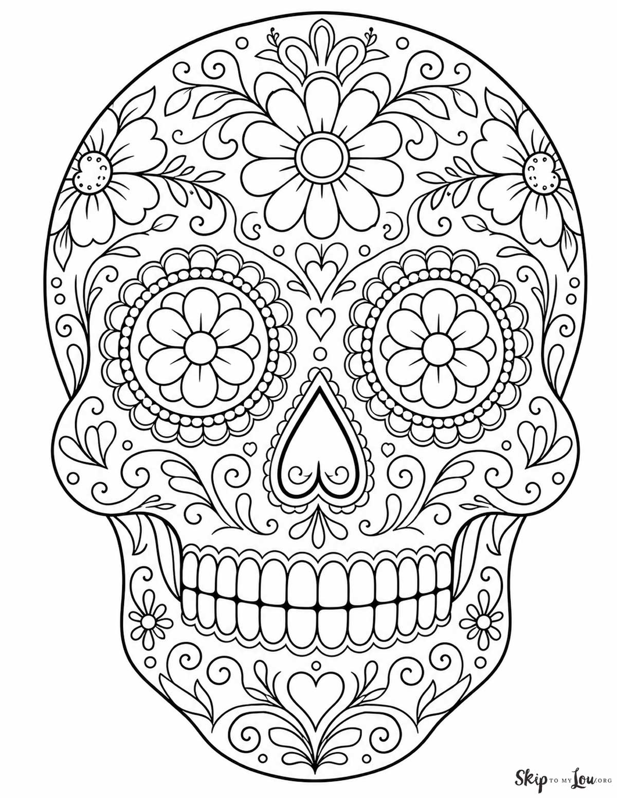 Detailed sugar skull coloring page with flowers, hearts, vines, swirls, and decorative patterns for older kids and adults