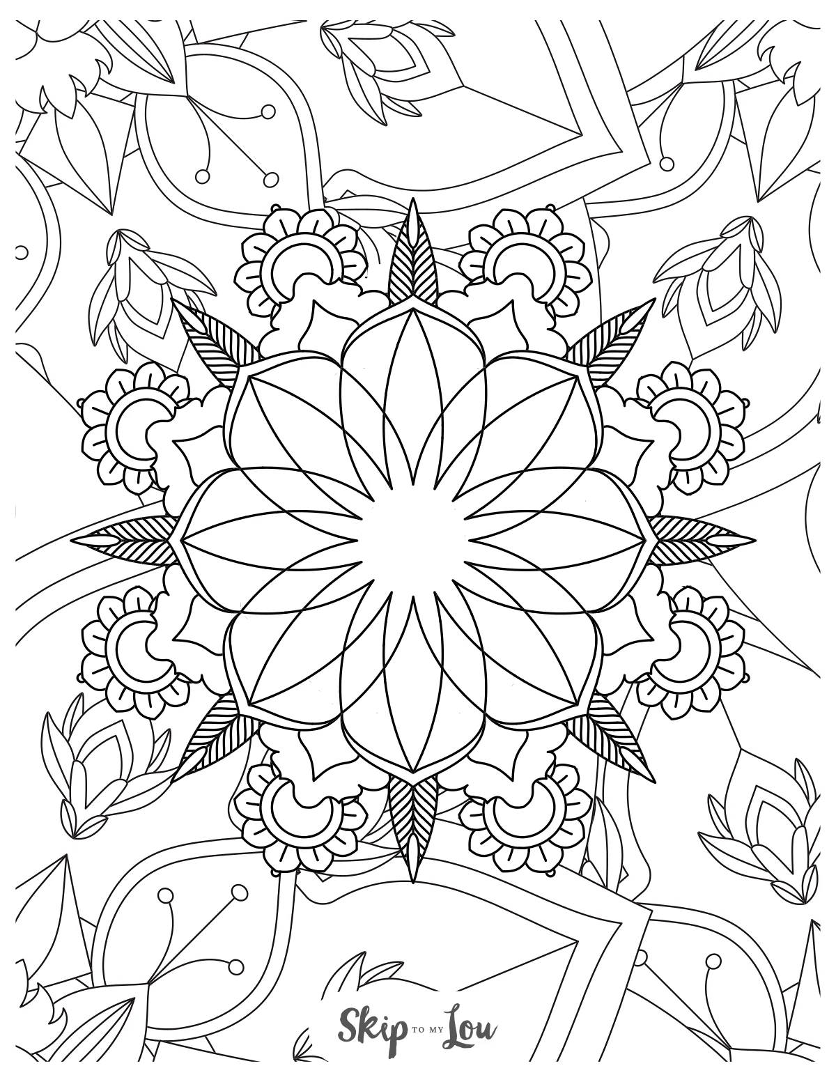 Detailed floral mandala coloring page for adults with flowers, leaves, and geometric patterns.