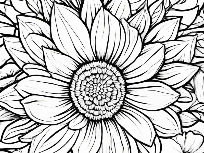 Sunflower coloring page for adults with detailed flower petals and leaves in black and white line art
