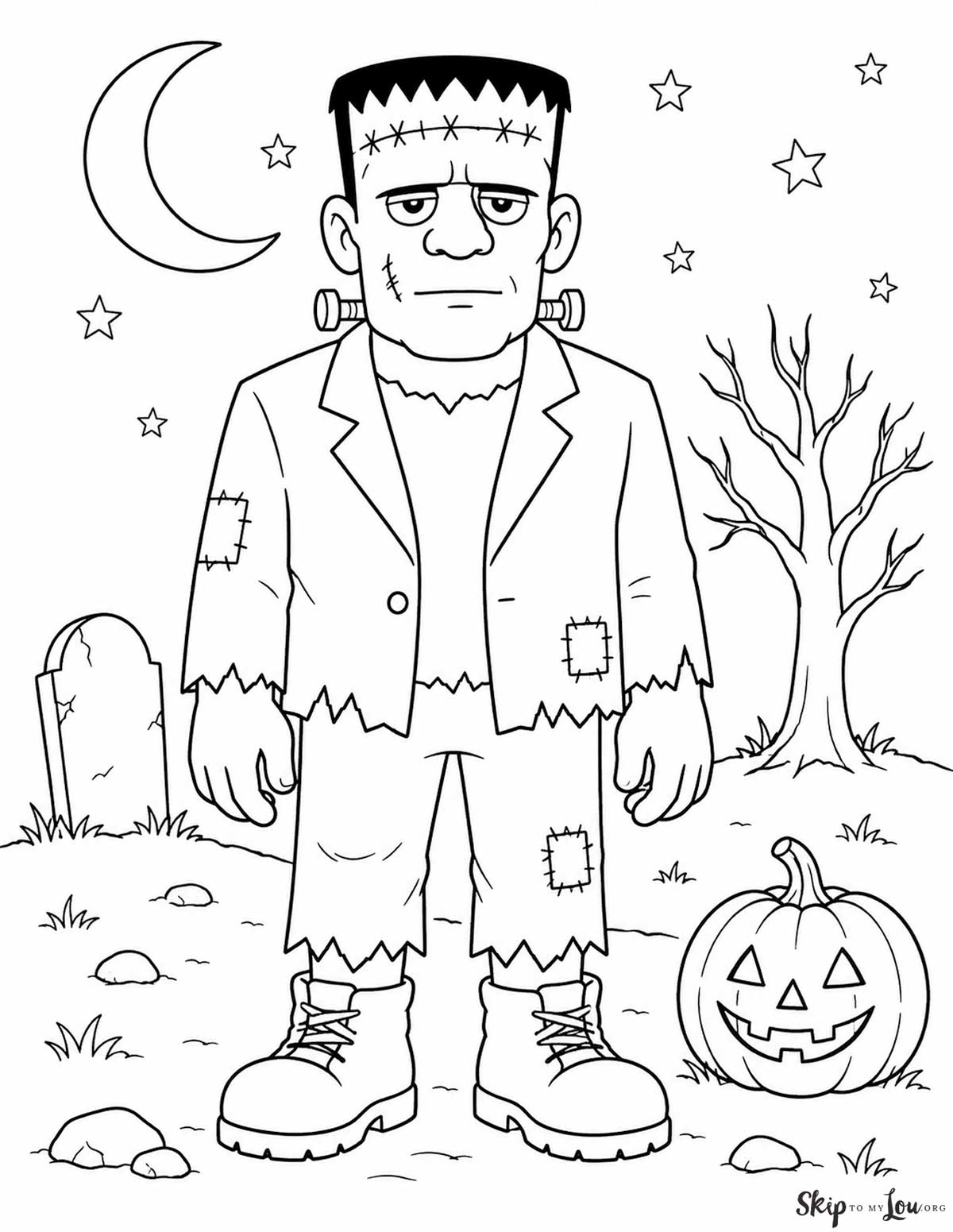 Traditional monster coloring page with a classic Frankenstein-style monster, pumpkin, moon, and graveyard scene