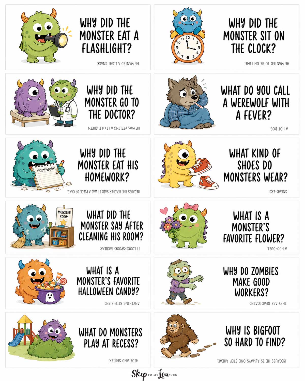 Free printable monster joke cards for kids with cute monsters, a werewolf, zombie, Bigfoot, and Halloween jokes