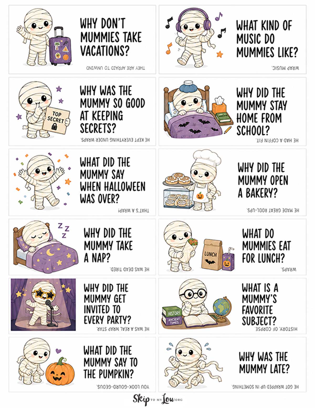 Free printable mummy joke cards with cute mummy illustrations and funny Halloween jokes for kids.