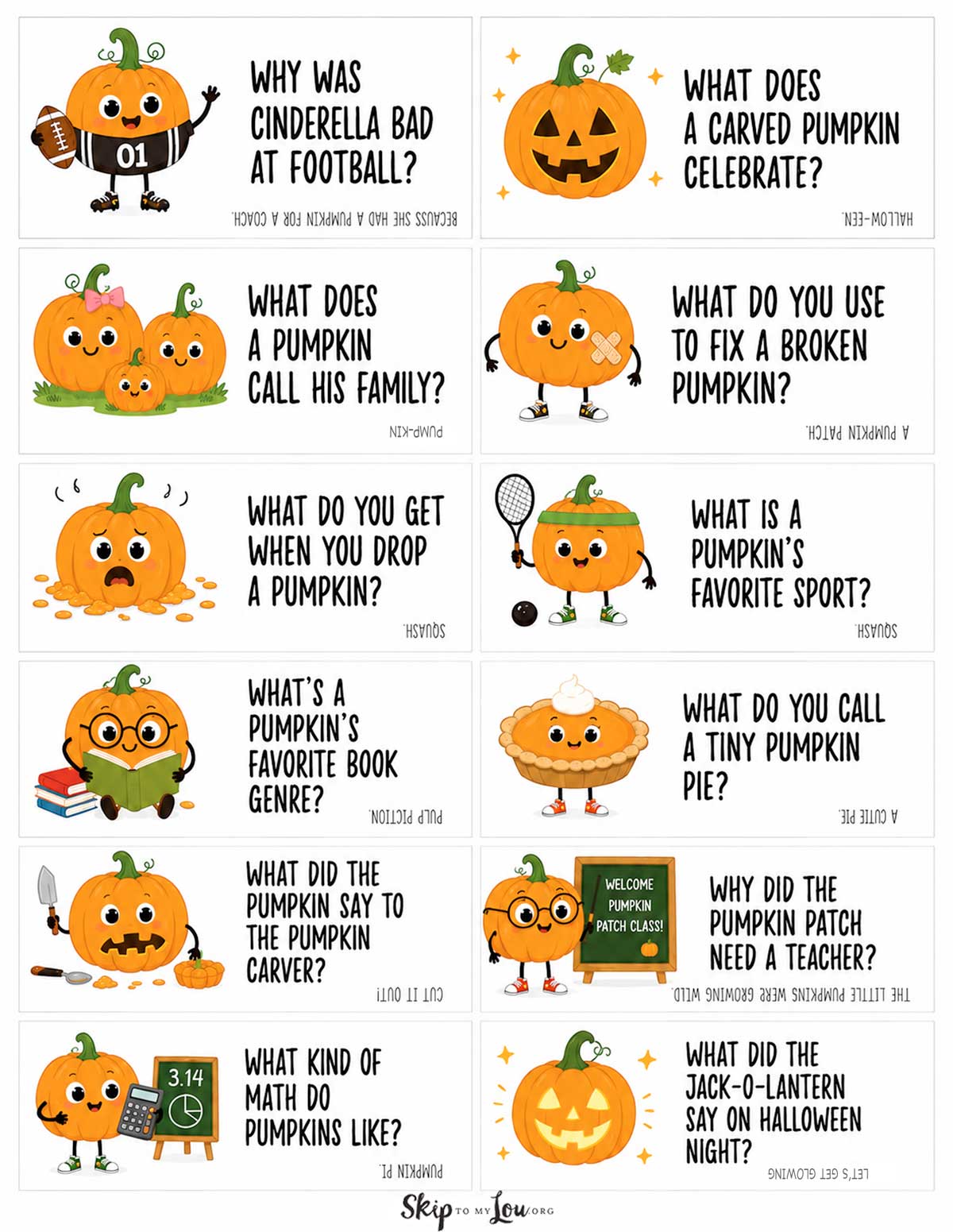 Free printable pumpkin joke cards with cute pumpkin illustrations and kid-friendly Halloween jokes.