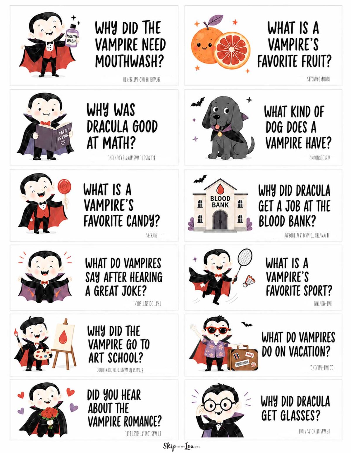 free printable vampire joke card with cute friendly vampires 