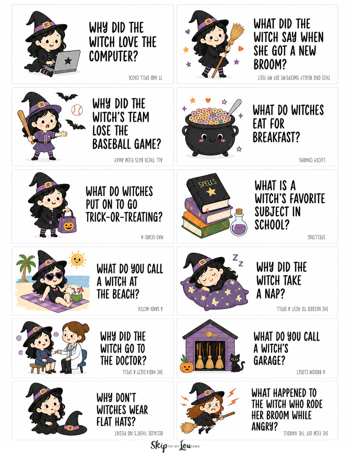 Free printable witch joke cards for kids with twelve Halloween jokes, cute witch clipart, broom jokes, spell jokes, and trick-or-treat laughs.