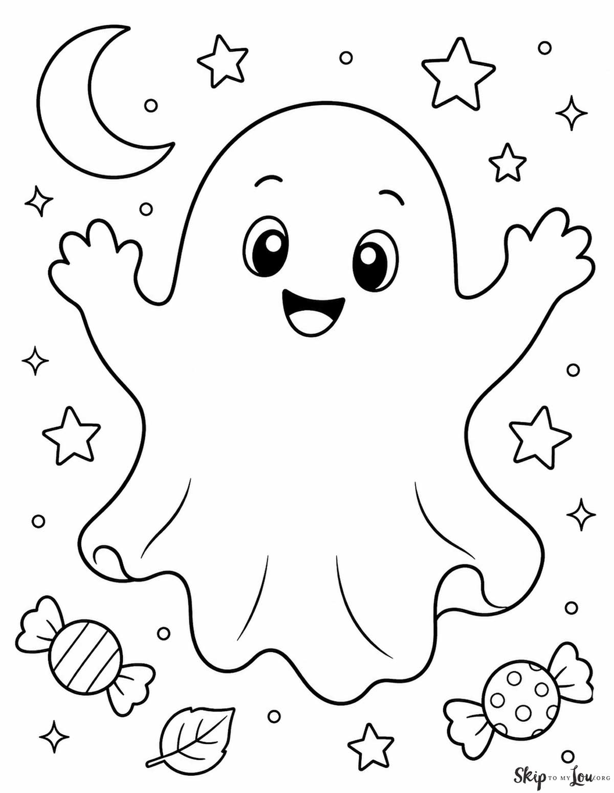 Friendly ghost coloring page with a smiling ghost, moon, stars, candy, and Halloween details