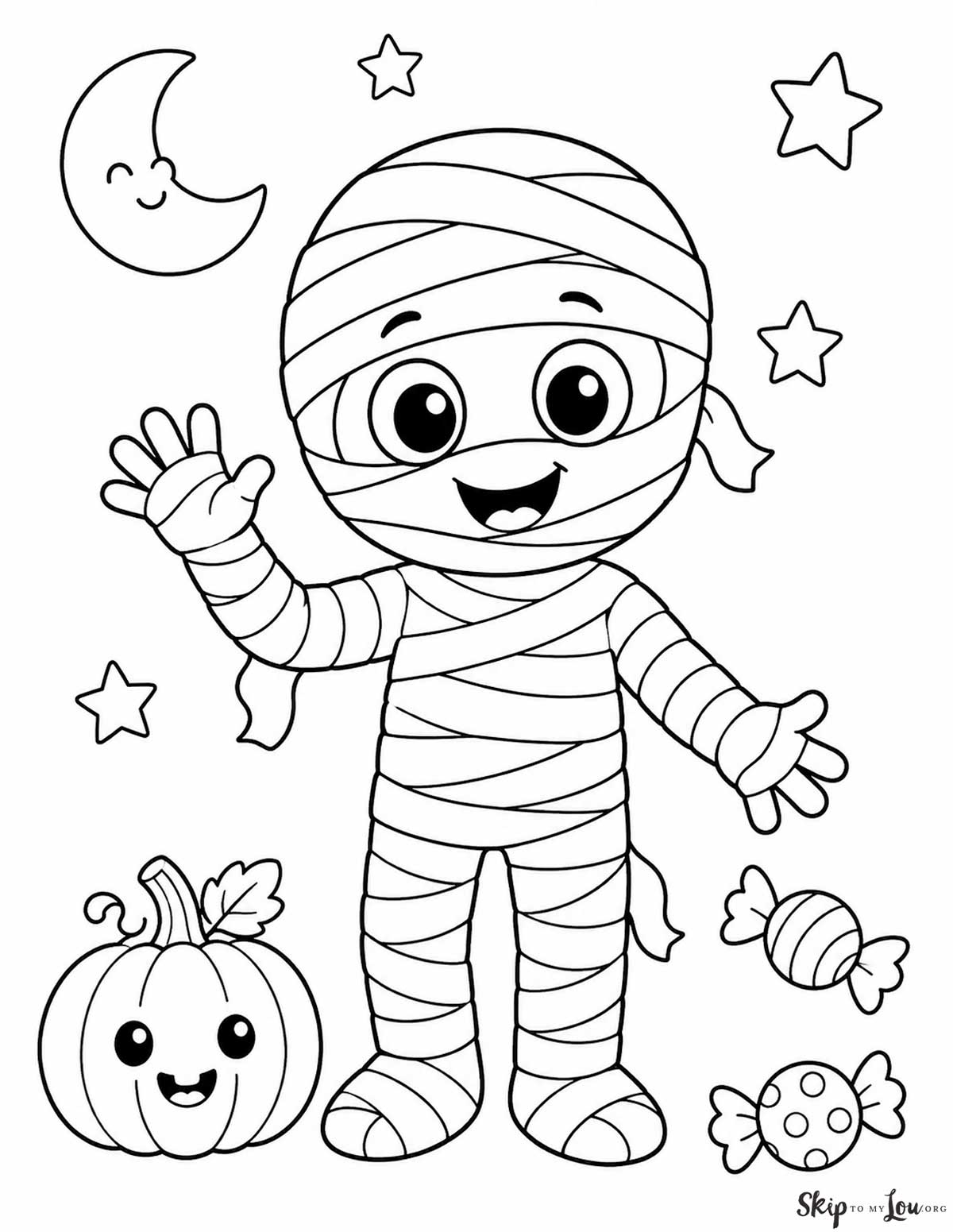 Friendly mummy coloring page with a smiling mummy, pumpkin, moon, stars, and Halloween candy