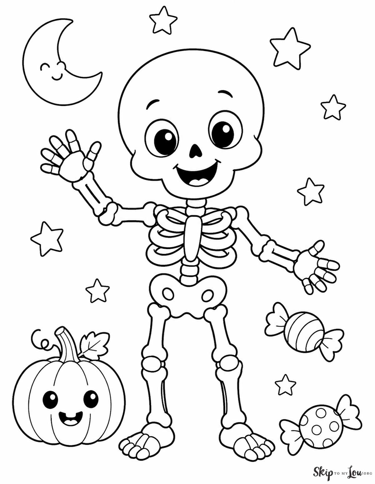 Friendly skeleton coloring page with a smiling skeleton, pumpkin, moon, stars, and Halloween candy