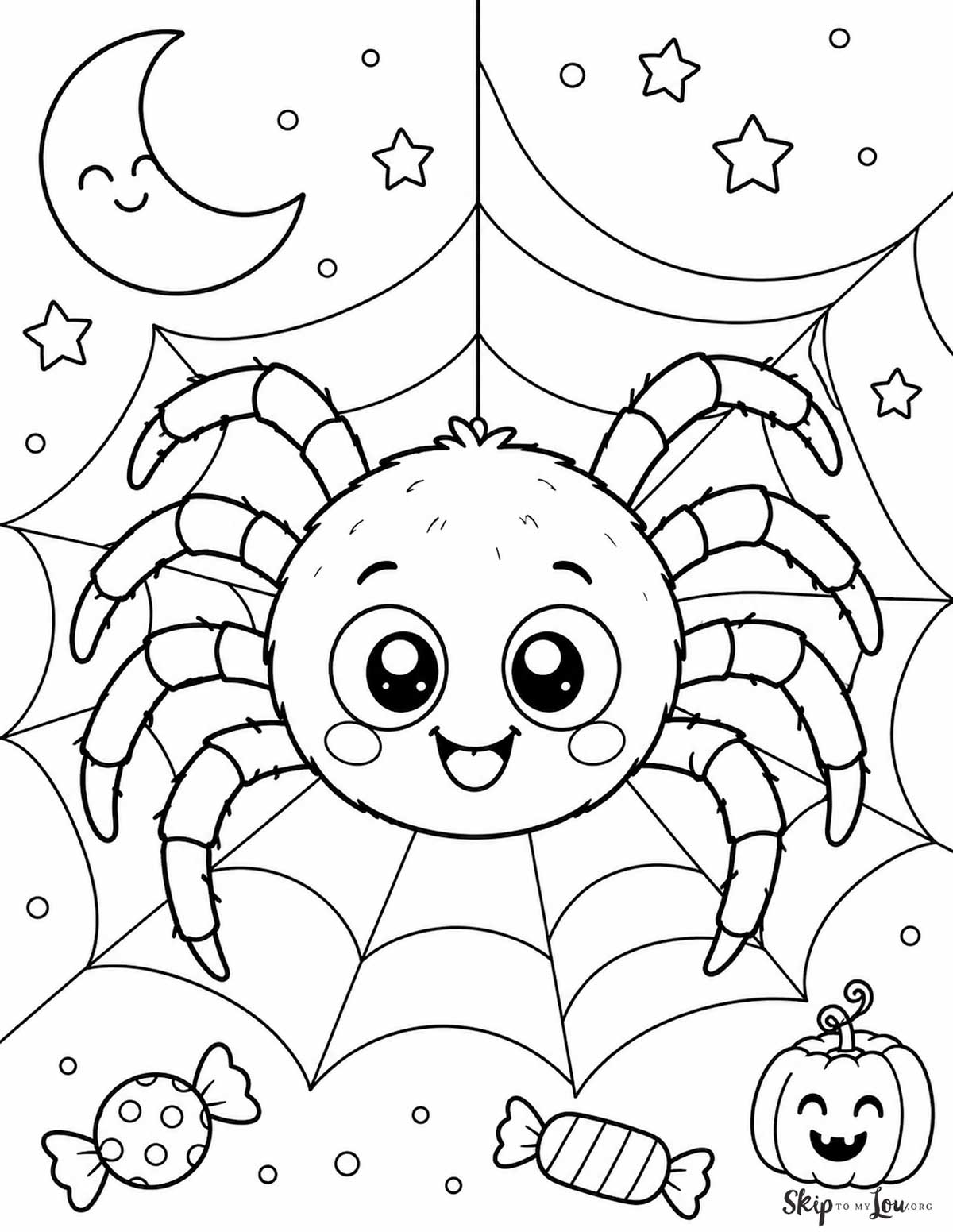Cute spider coloring page with a smiling spider on a web, moon, stars, pumpkin, and Halloween candy
