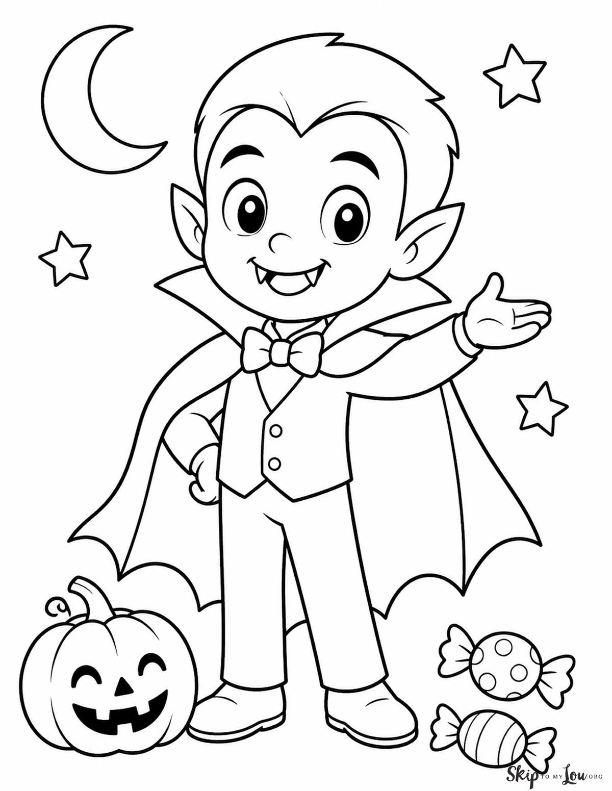 Friendly vampire coloring page with a smiling vampire, pumpkin, moon, stars, and Halloween candy