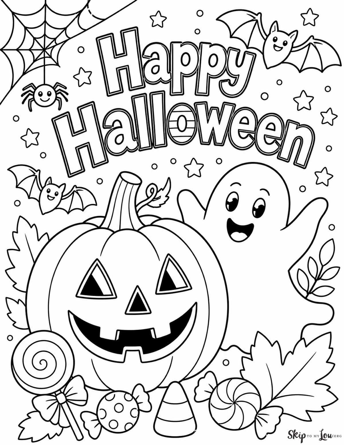 Happy Halloween coloring page for older kids with a jack-o-lantern, ghost, bats, candy, leaves, and bold lettering