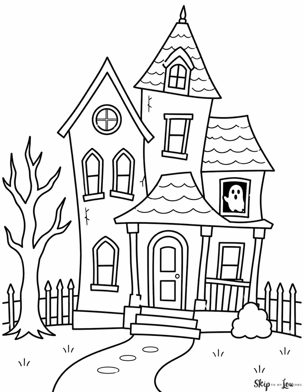 Spooky haunted house coloring page with a crooked haunted house, bare tree, fence, and ghost in the window