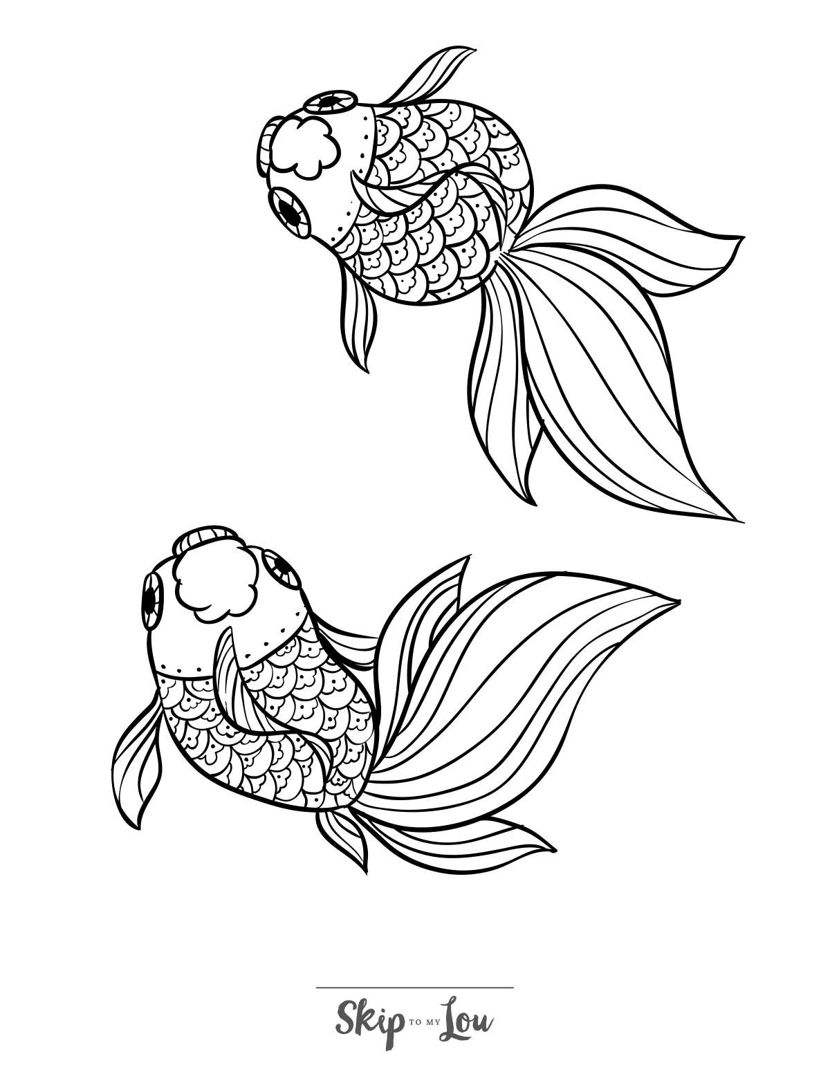 Two koi fish coloring page for adults with detailed scales and flowing fins.