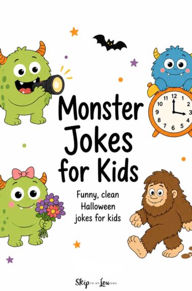 Cute cartoon monsters around the words Monster Jokes for Kids with a flashlight, clock, flowers, and Bigfoot