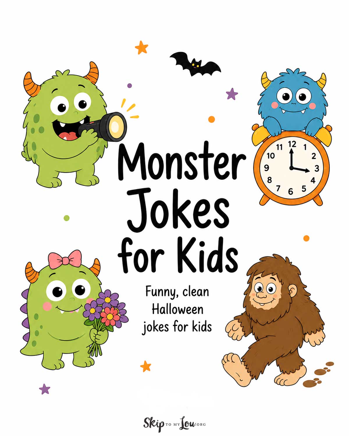 Cute cartoon monsters around the words Monster Jokes for Kids with a flashlight, clock, flowers, and Bigfoot