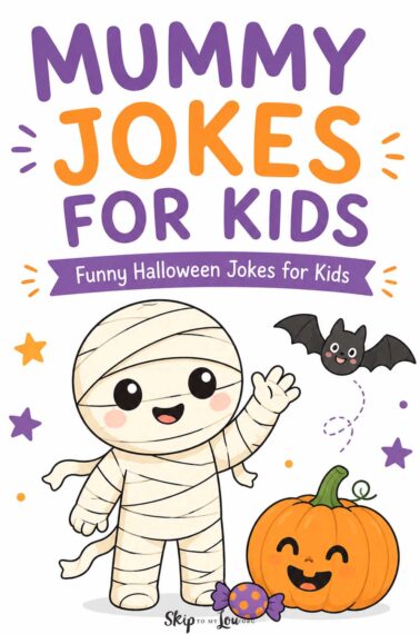 Cute mummy with a pumpkin, bat, and candy for a Mummy Jokes for Kids Halloween post.