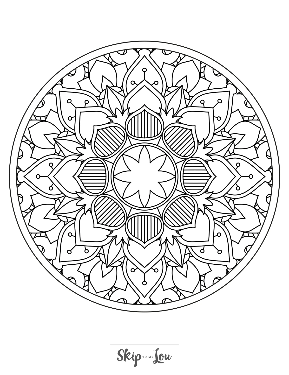 mandala coloring page for adults with detailed symmetrical flower patterns.