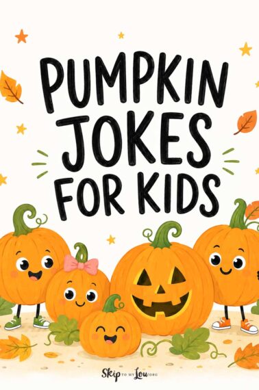 Cute smiling pumpkins with the words Pumpkin Jokes for Kids in a playful fall illustration.
