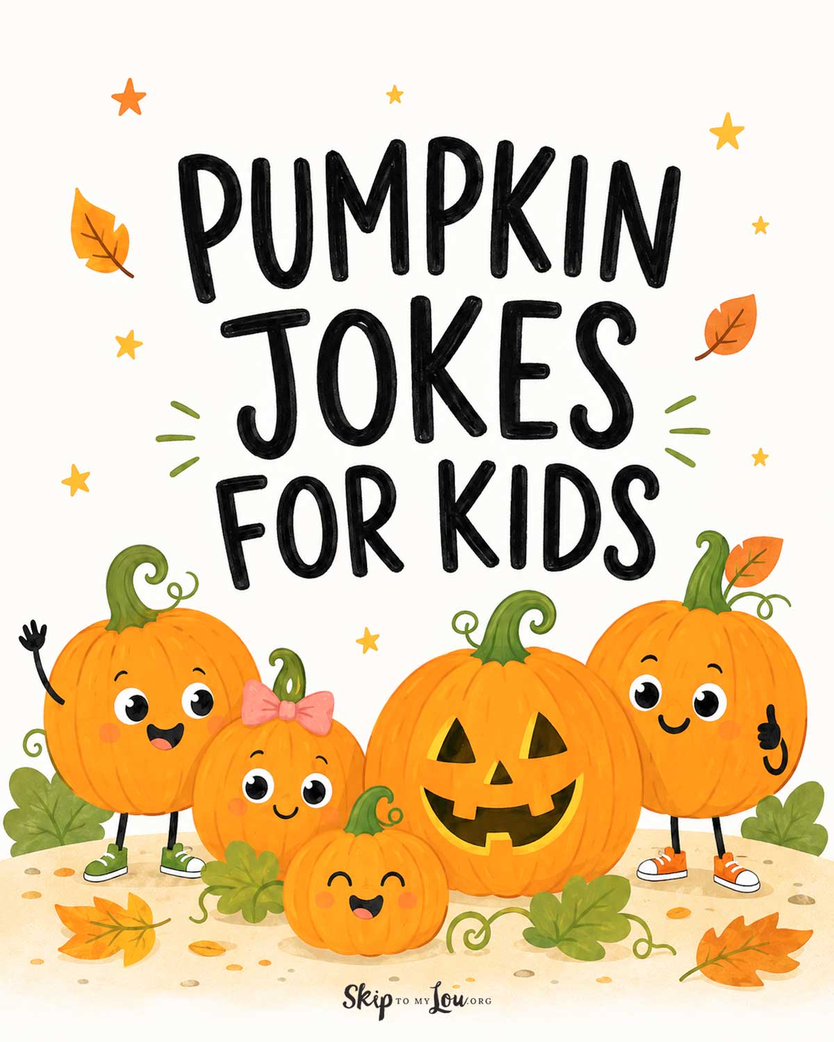 Cute smiling pumpkins with the words Pumpkin Jokes for Kids in a playful fall illustration.