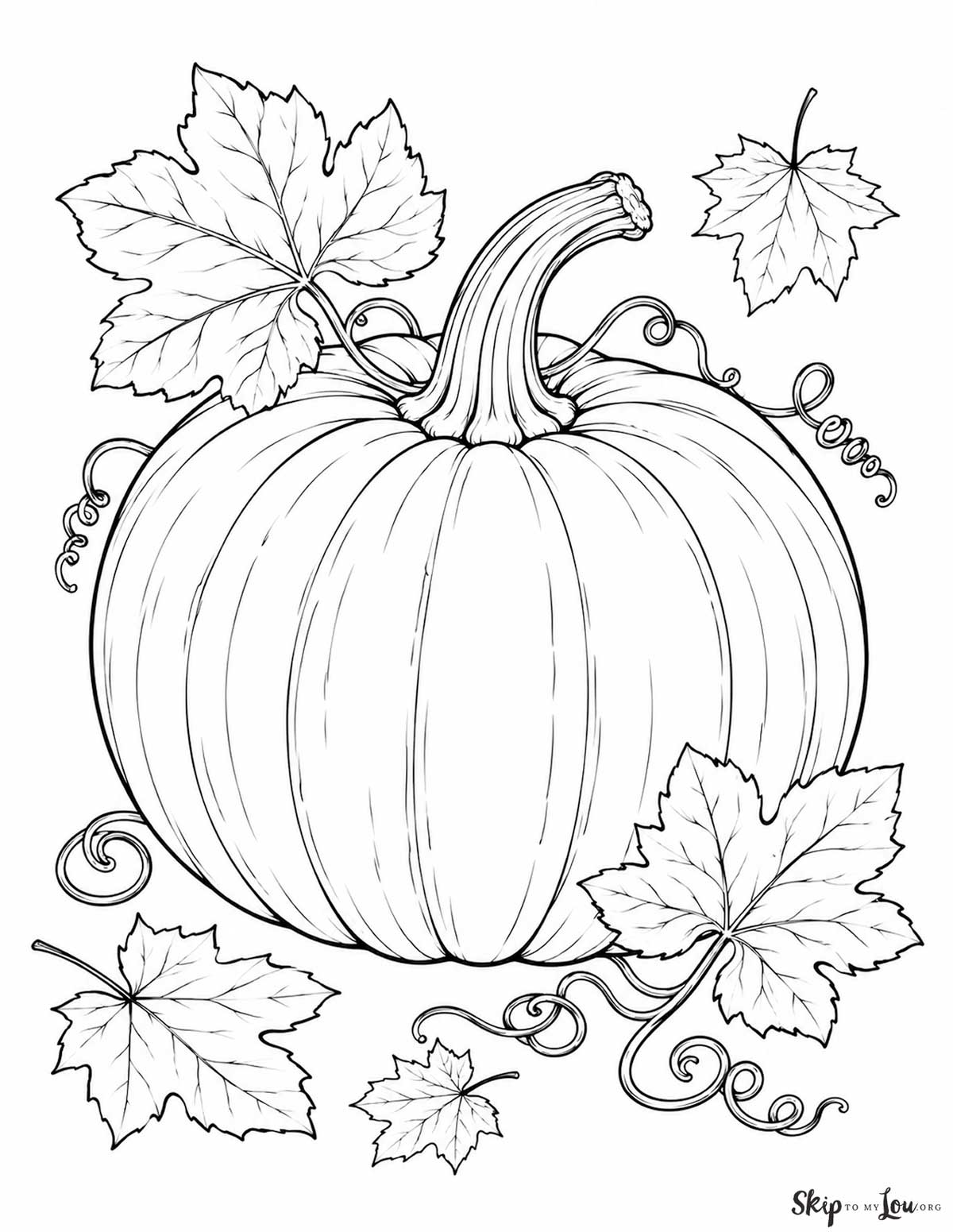 Realistic pumpkin coloring page with fall leaves, curling vines, and a large harvest pumpkin