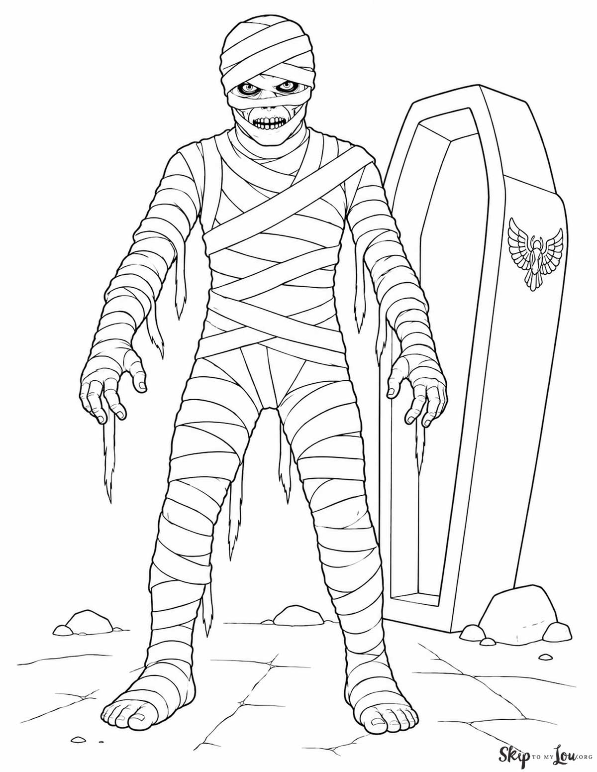 Realistic mummy coloring page with a wrapped mummy standing beside a coffin in a simple tomb scene