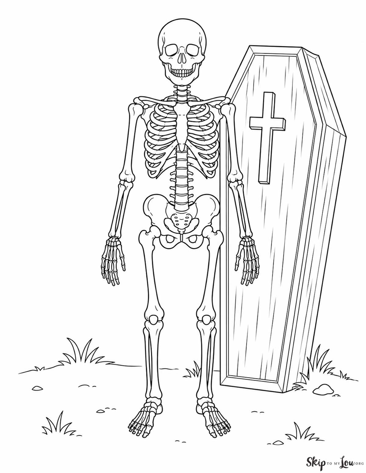 Realistic skeleton coloring page with a full skeleton standing beside a coffin in a simple graveyard scene
