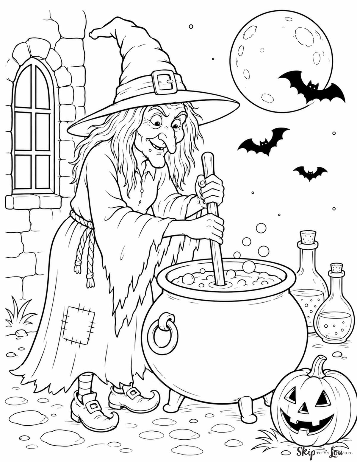 Traditional witch coloring page with an old witch stirring a cauldron under the night sky